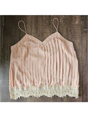 Dance & Marvel Pleated Lace Tank Top/Camisole, S, Peach